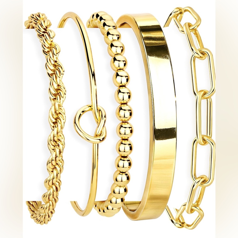 Gold Bracelets Set for Women Non Tarnish, 14K Gold Plated Sterling Silver Chunky